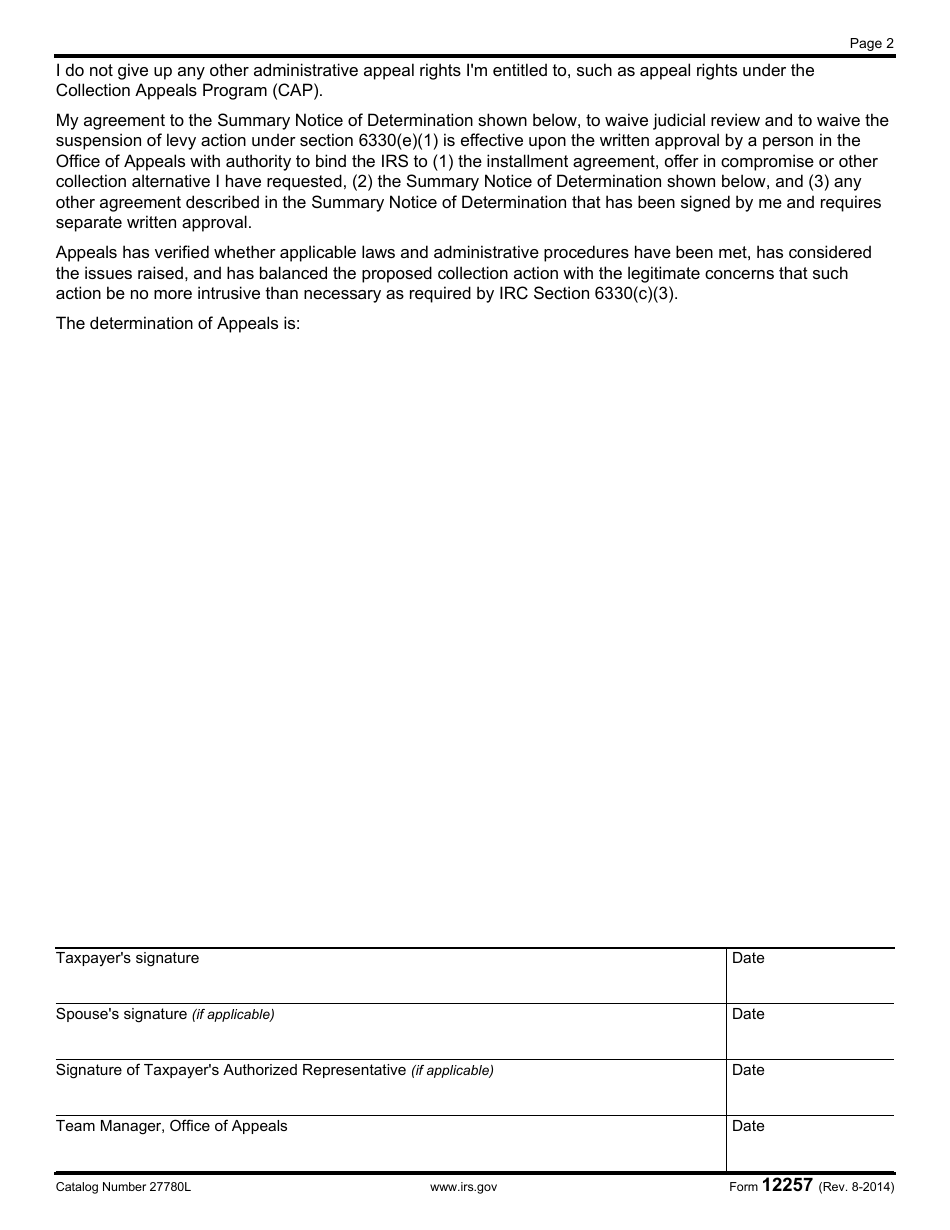 IRS Form 12257 Summary Notice of Determination, Waiver of Right to Judicial Review of a Collection Due Process Determination, Waiver of Suspension of Levy Action, and Waiver of Periods of Limitation in Section 6330(E)(1), Page 2