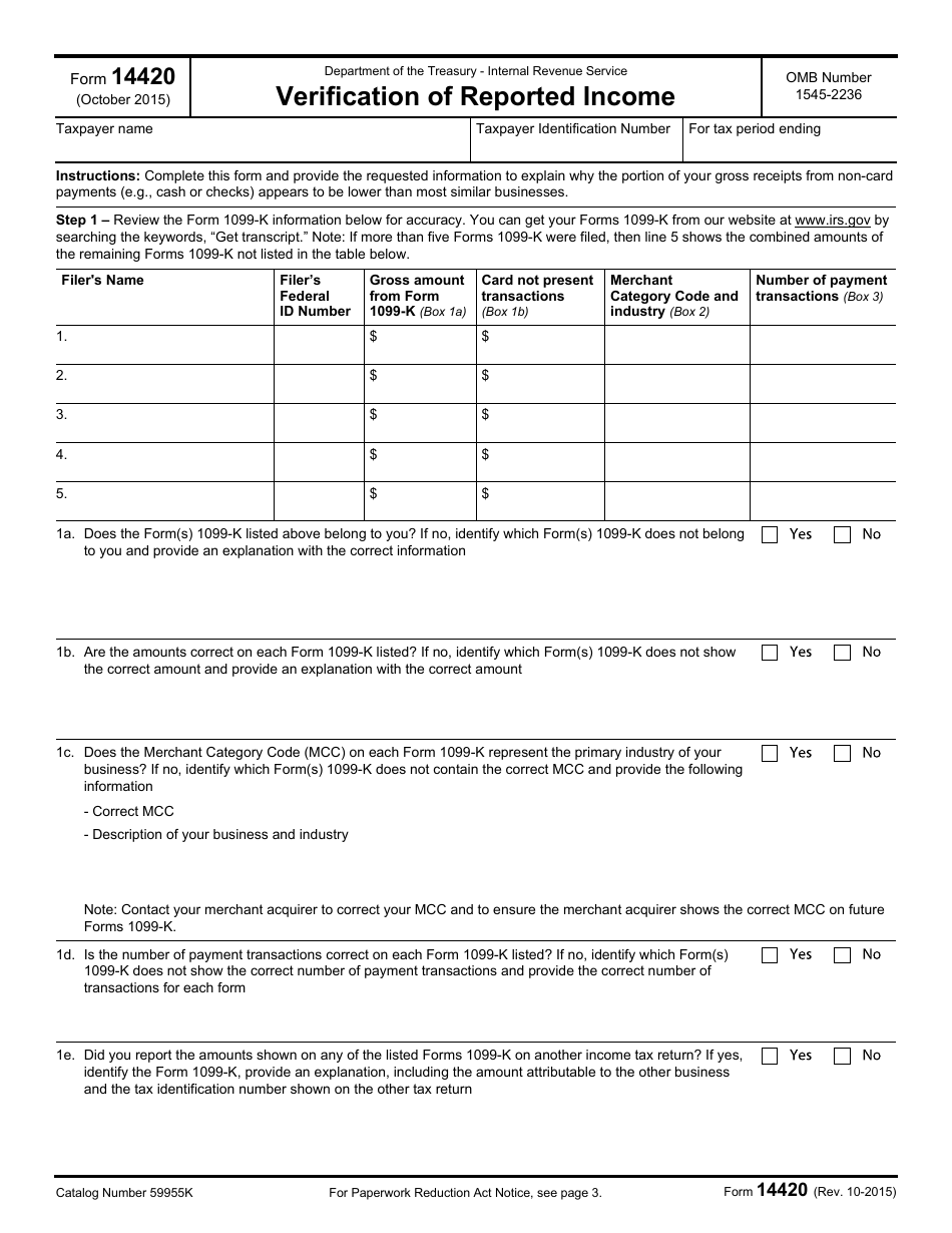 IRS Form 14420 Verification of Reported Income, Page 1