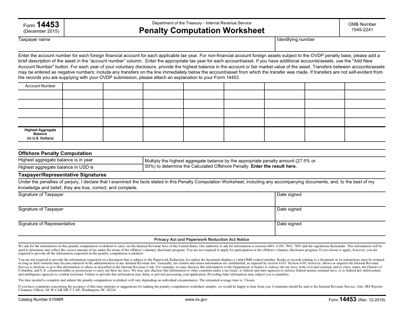 IRS Form 14453 Penalty Computation Worksheet