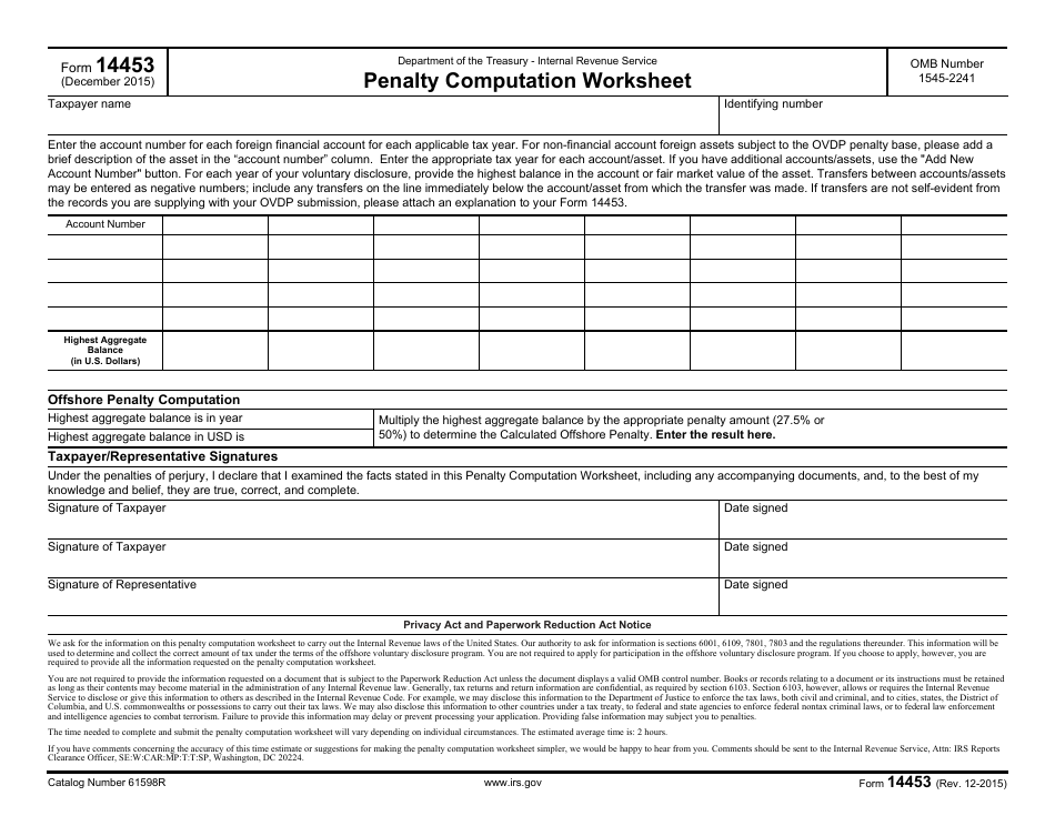 IRS Form 14453 Penalty Computation Worksheet, Page 1