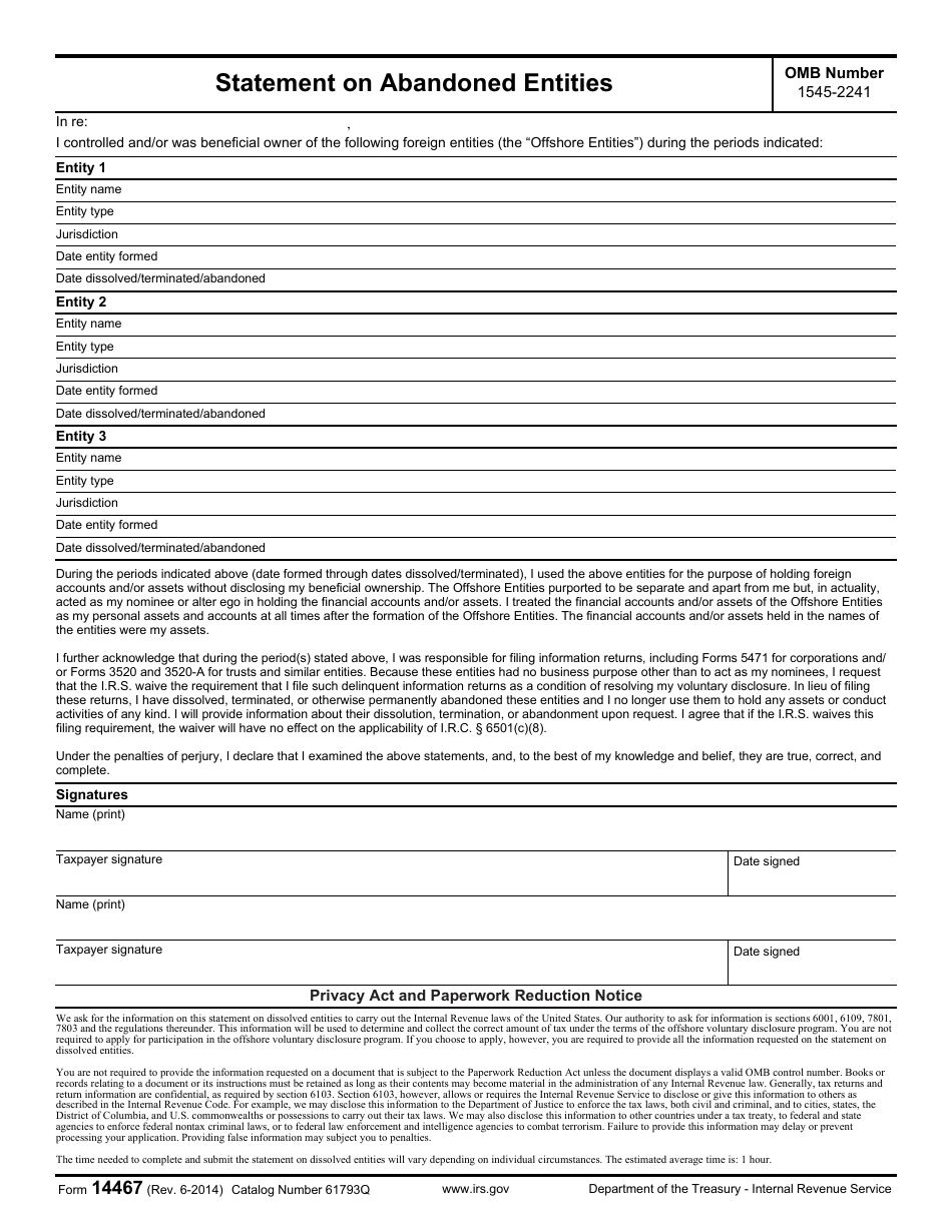 IRS Form 14467 Statement on Abandoned Entities, Page 1