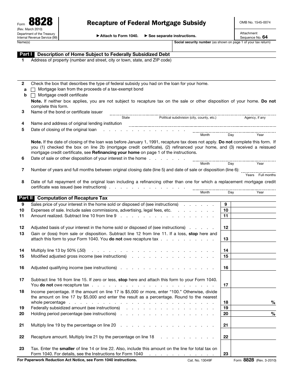 IRS Form 8828 Recapture of Federal Mortgage Subsidy, Page 1