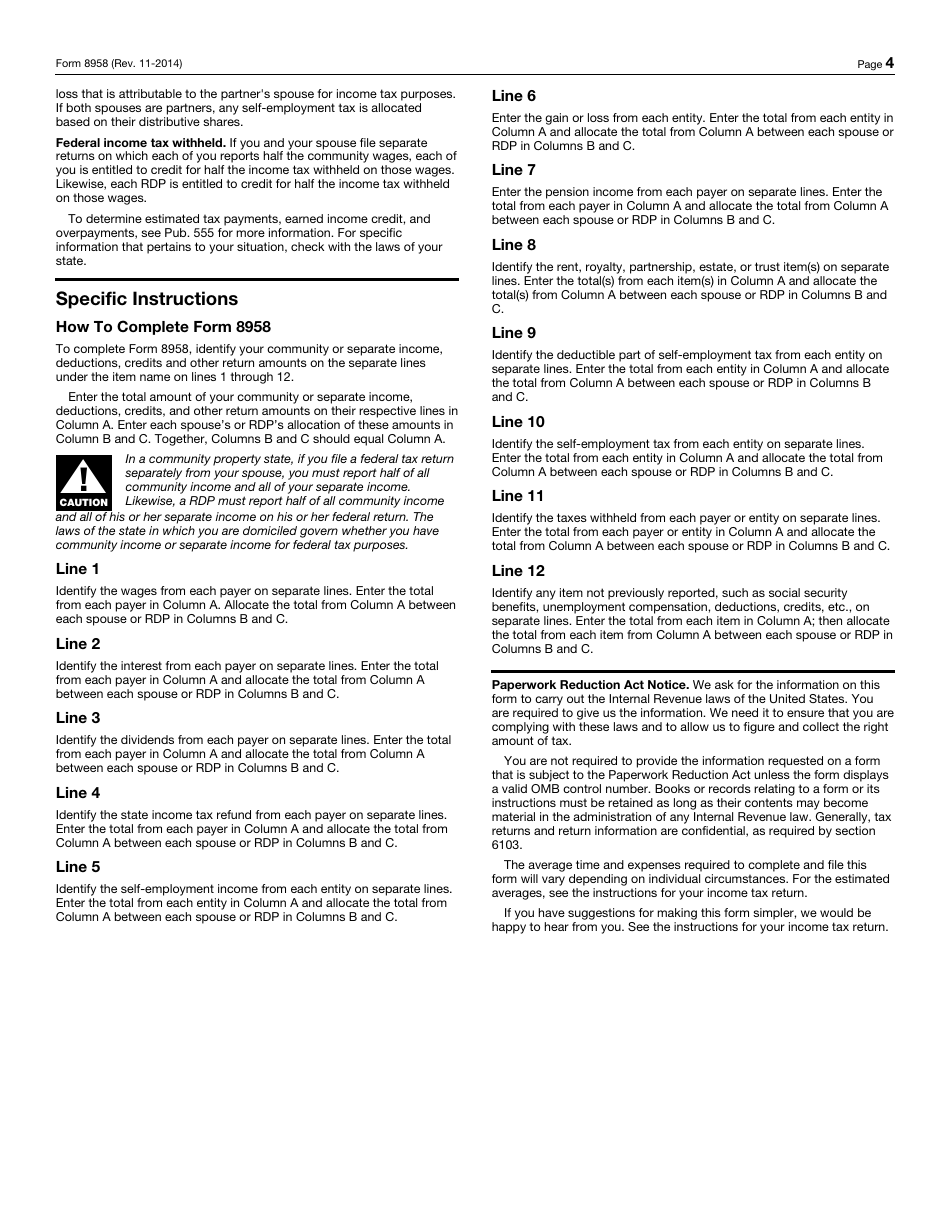 IRS Form 8958 Allocation of Tax Amounts Between Certain Individuals in Community Property States, Page 4