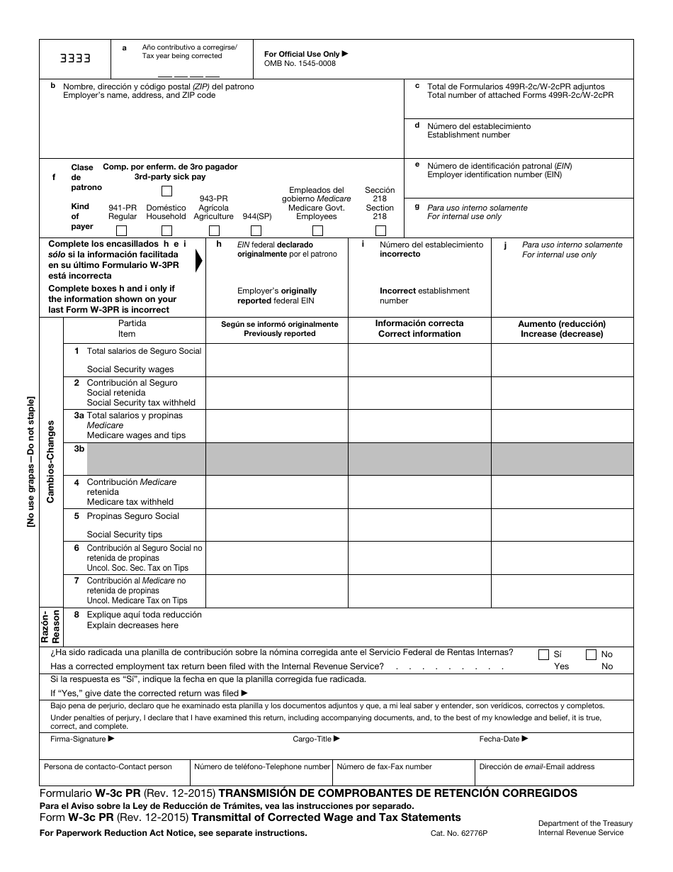 IRS Formulario W-3C PR Transmision De Comprobantes De Retencion Corregidos (Puerto Rican Spanish), Page 1