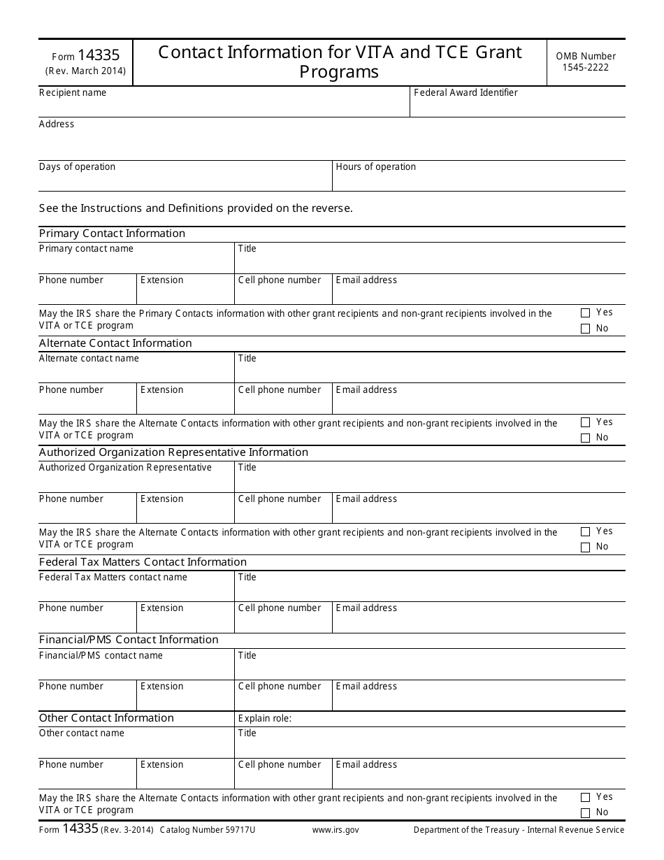 Irs Form Download Fillable Pdf Or Fill Online Primary Contact Information For Vita Tce Grant Programs Templateroller