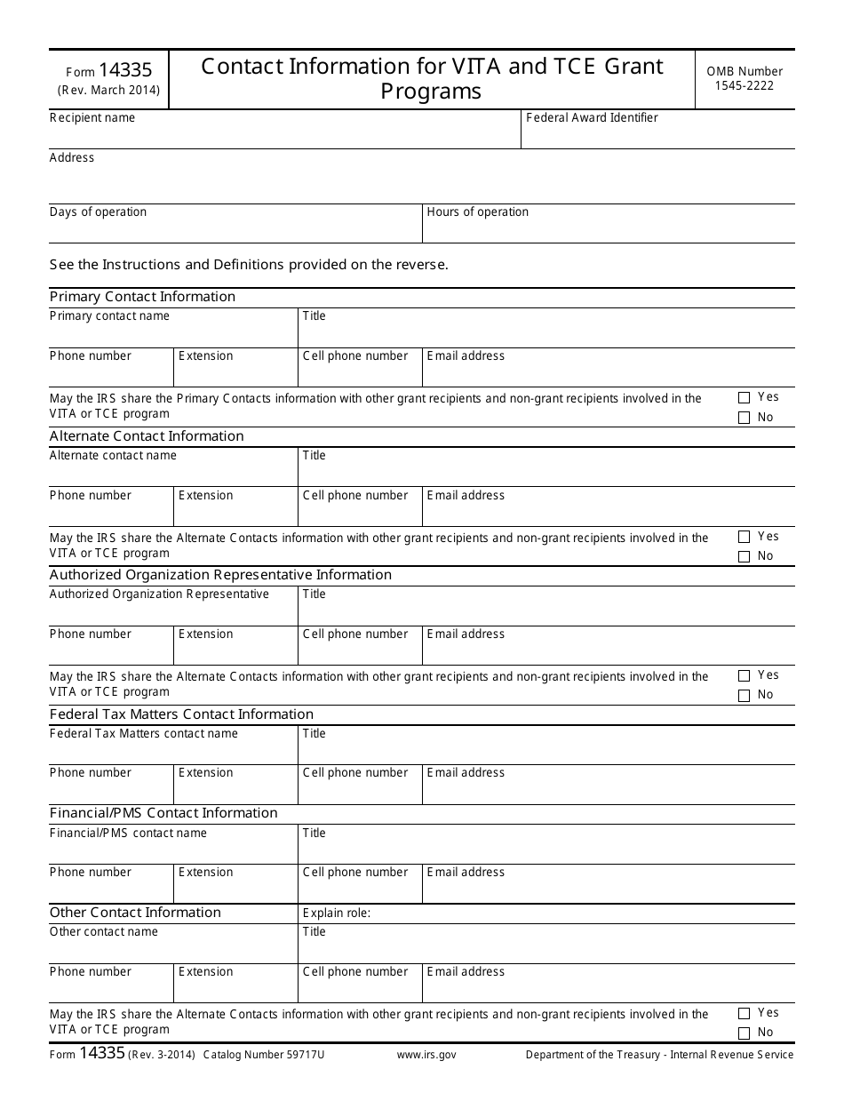 IRS Form 14335 Primary Contact Information for Vita / Tce Grant Programs, Page 1