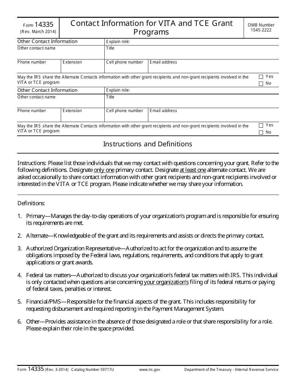 IRS Form 14335 Primary Contact Information for Vita / Tce Grant Programs, Page 2