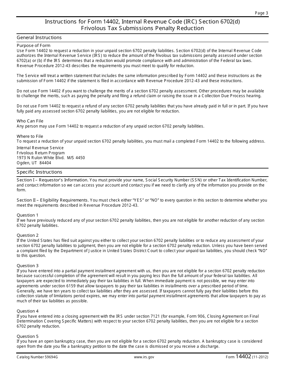 IRS Form 14402 Internal Revenue Code (IRC) Section 6702(D) Frivolous Return Submissions Penalty Reduction, Page 3