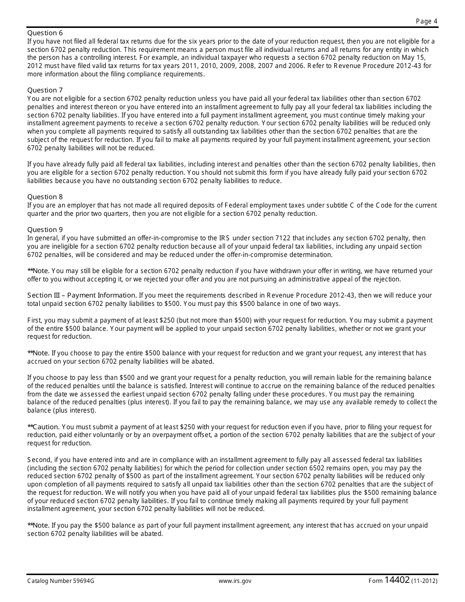 IRS Form 14402 Internal Revenue Code (IRC) Section 6702(D) Frivolous Return Submissions Penalty Reduction, Page 4