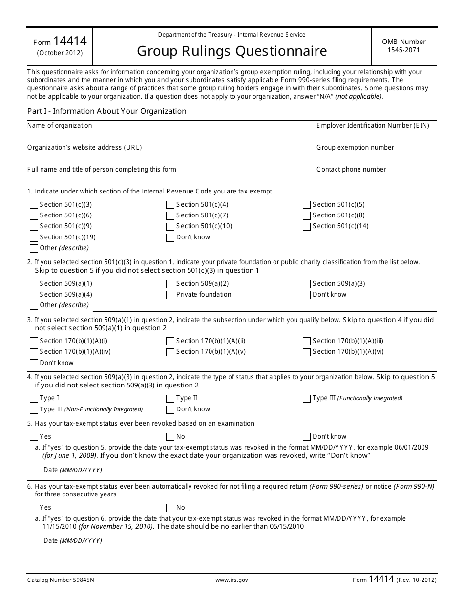 IRS Form 14414 Group Rulings Questionnaire, Page 1