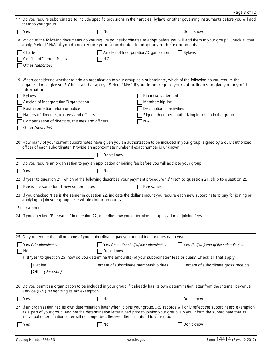 IRS Form 14414 Group Rulings Questionnaire, Page 3