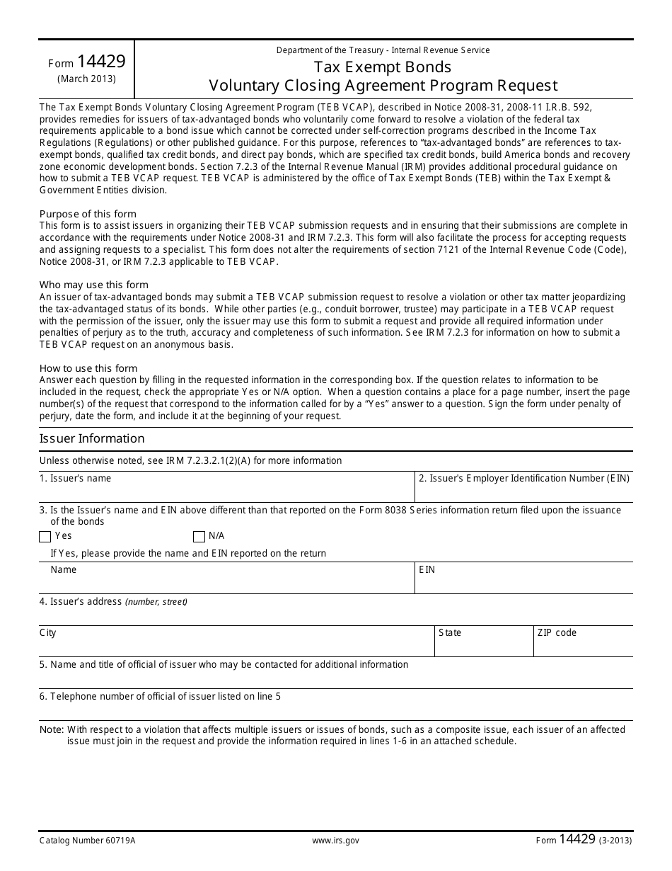 IRS Form 14429 Tax Exempt Bonds Voluntary Closing Agreement Program Request, Page 1