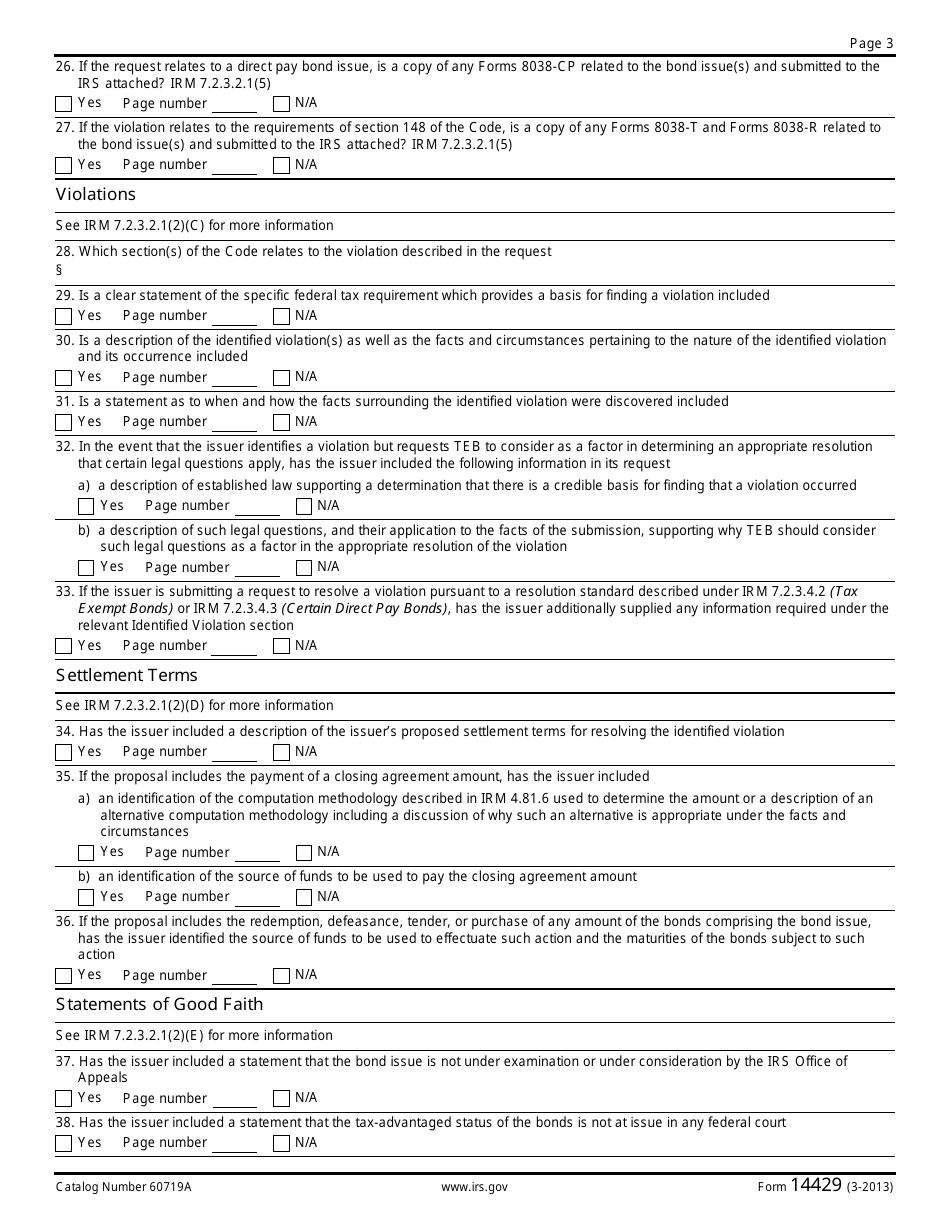 IRS Form 14429 Tax Exempt Bonds Voluntary Closing Agreement Program Request, Page 3