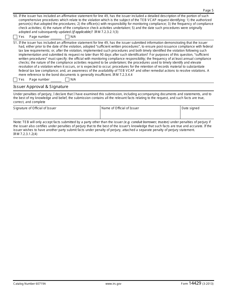 IRS Form 14429 Tax Exempt Bonds Voluntary Closing Agreement Program Request, Page 5