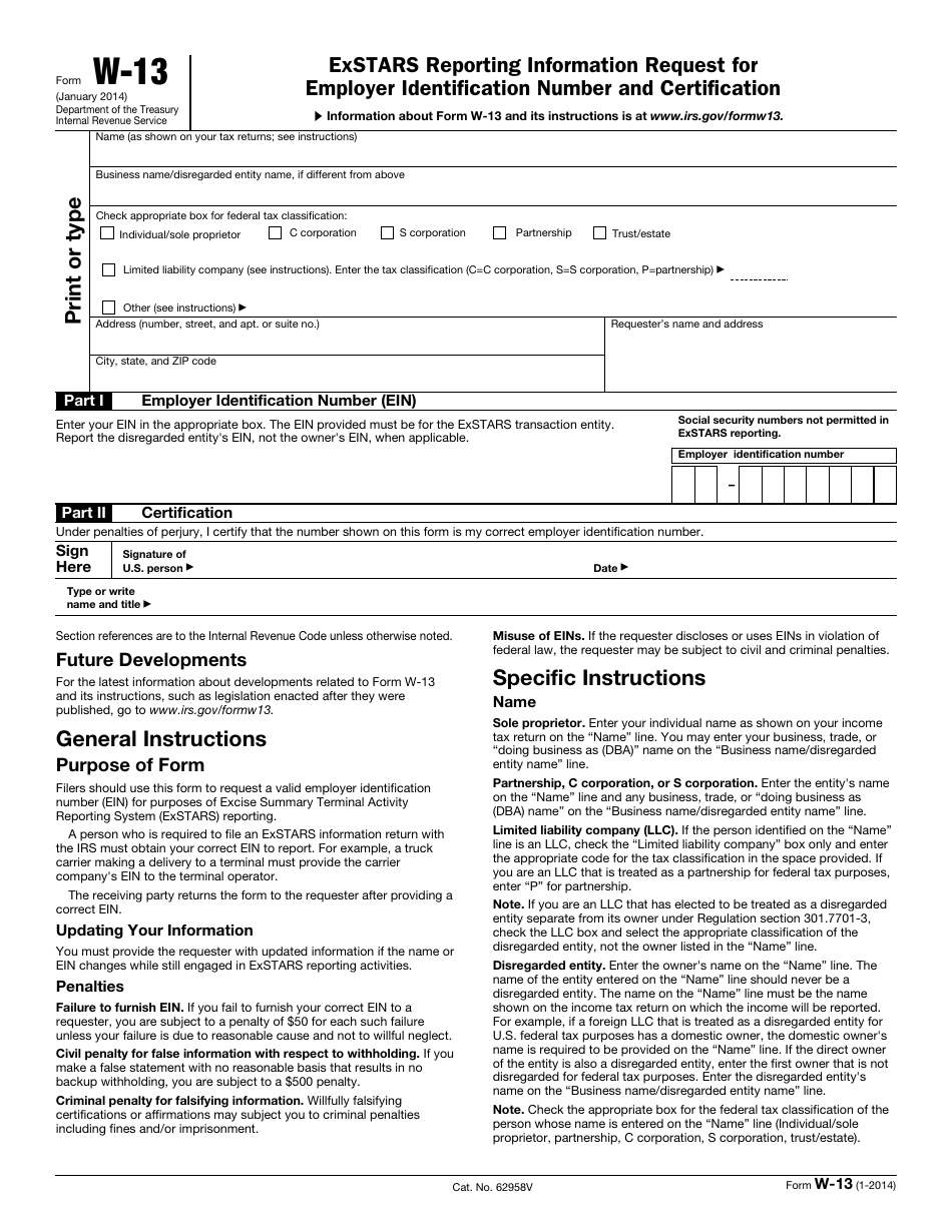IRS Form W-13 Exstars Reporting Information Request for Taxpayer Identification Number and Certification, Page 1