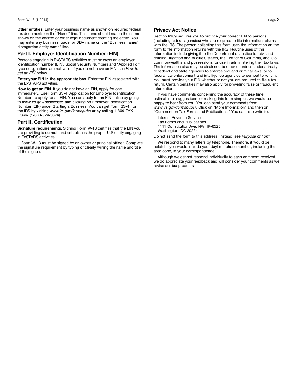 IRS Form W-13 Exstars Reporting Information Request for Taxpayer Identification Number and Certification, Page 2