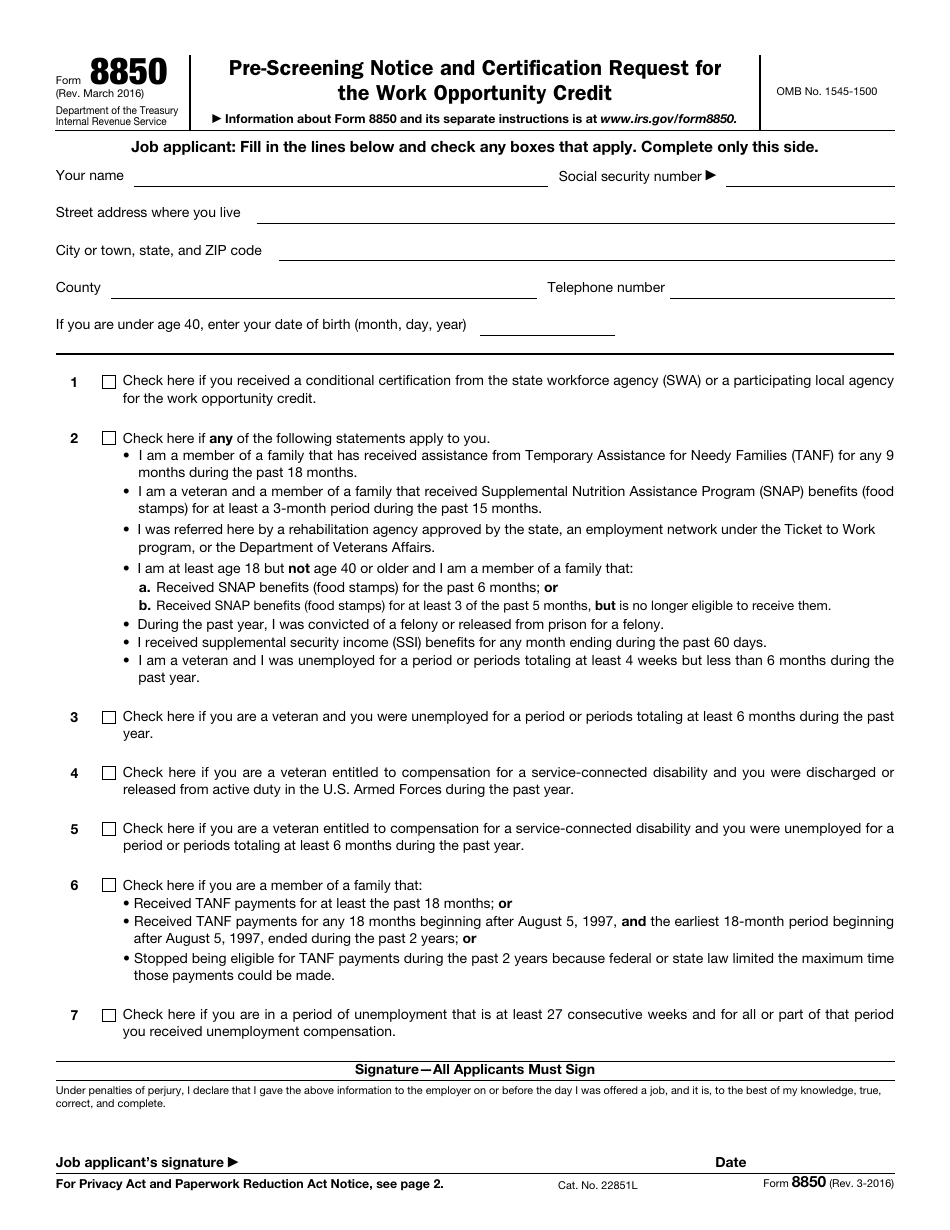 IRS Form 8850 Pre-screening Notice and Certification Request for the Work Opportunity Credit, Page 1