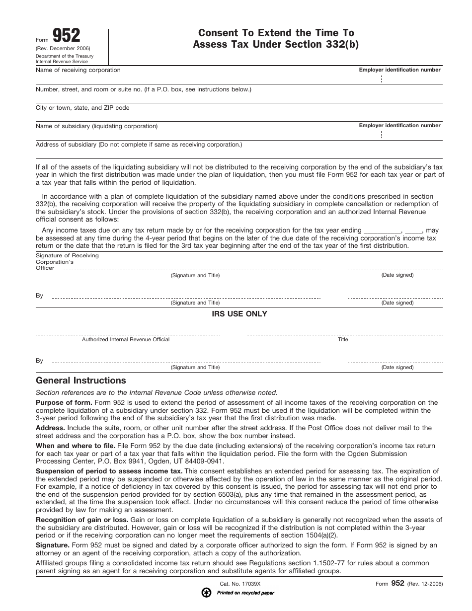IRS Form 952 Consent to Extend the Time to Assess Tax Under Section 332(B), Page 1