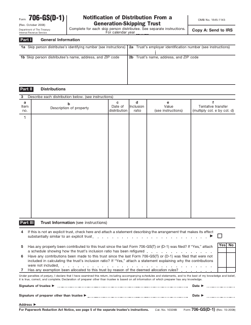 IRS Form 706-GS(D-1)  Printable Pdf