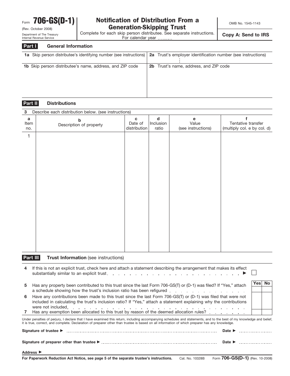 IRS Form 706-GS(D-1) Notification of Distribution From a Generation-Skipping Trust, Page 1