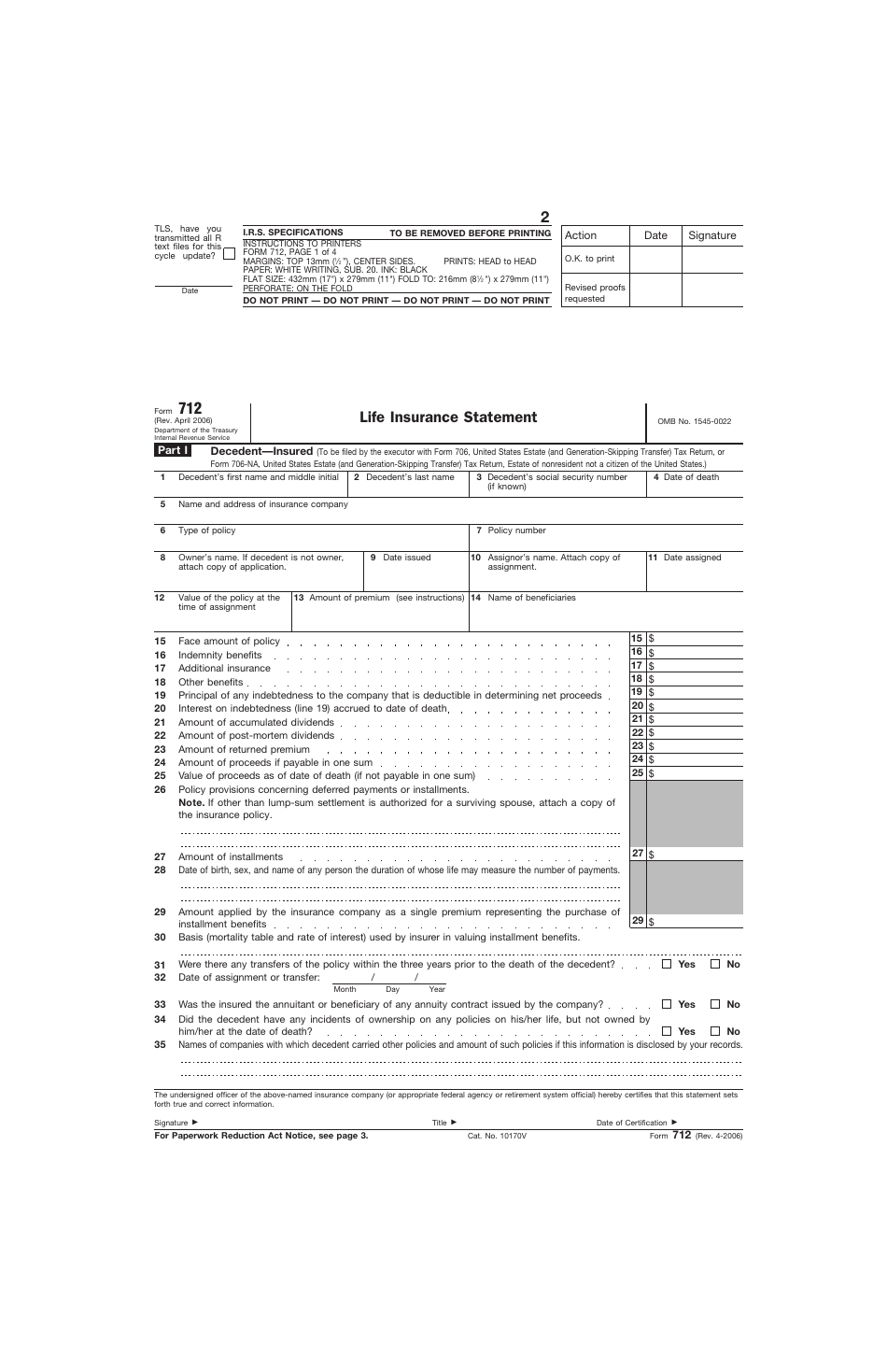 IRS Form 712 Life Insurance Statement, Page 1