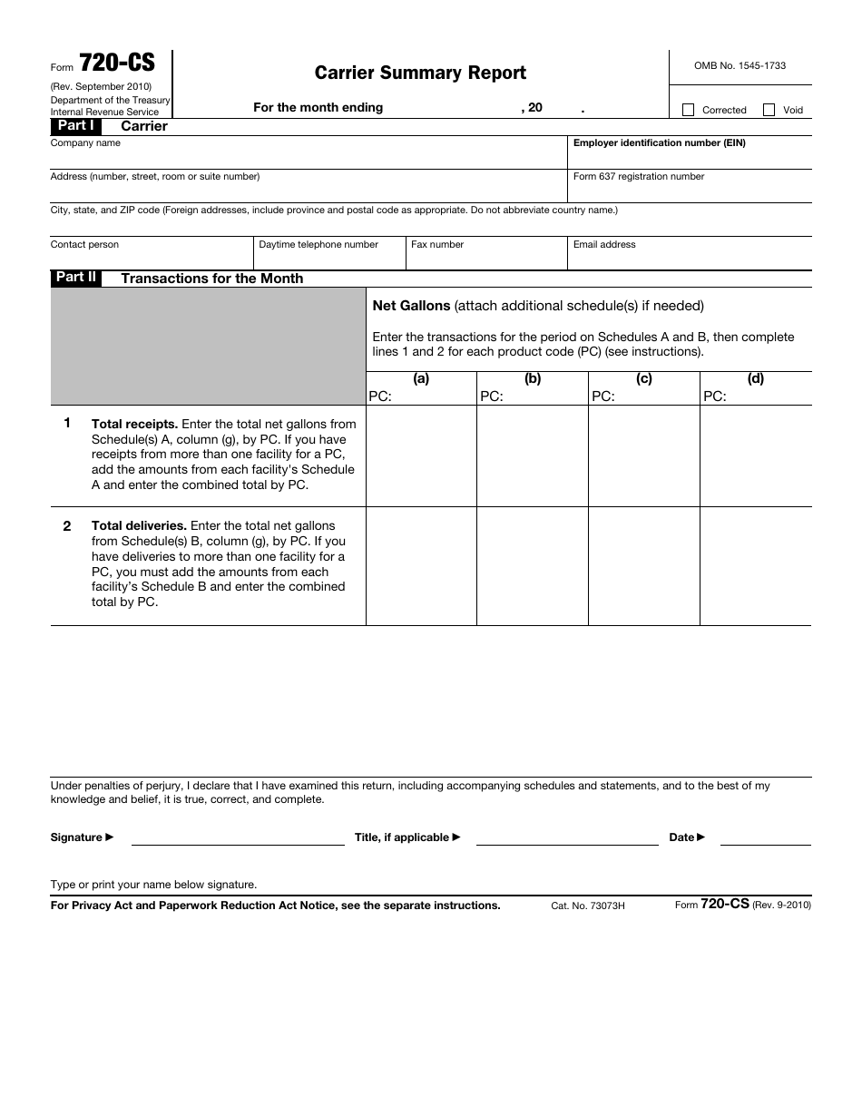 IRS Form 720-CS Carrier Summary Report, Page 1