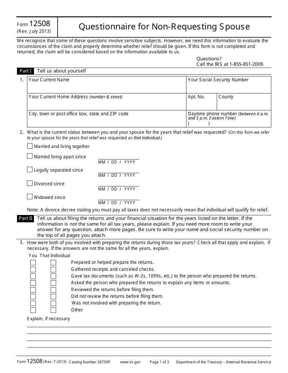 IRS Form 12508 Questionnaire for Non-requesting Spouse, Page 1