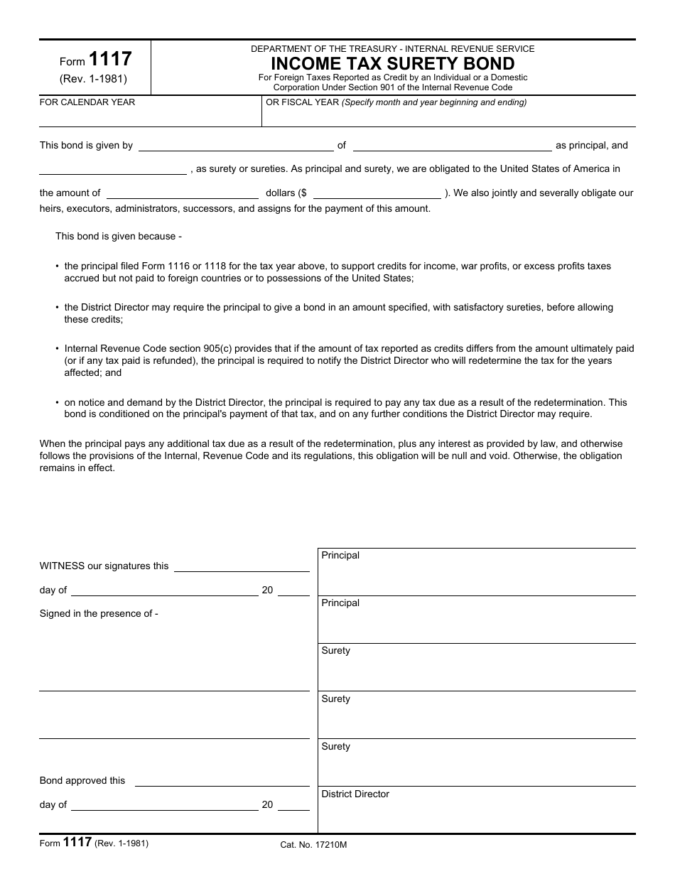 IRS Form 1117 Income Tax Surety Bond, Page 1