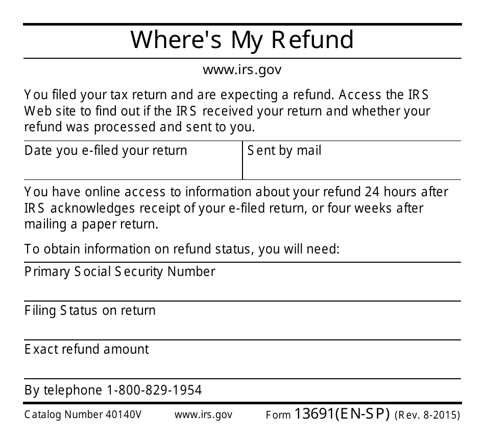 IRS Form 13691(EN-SP) Where Is My Refund (English / Spanish), Page 1