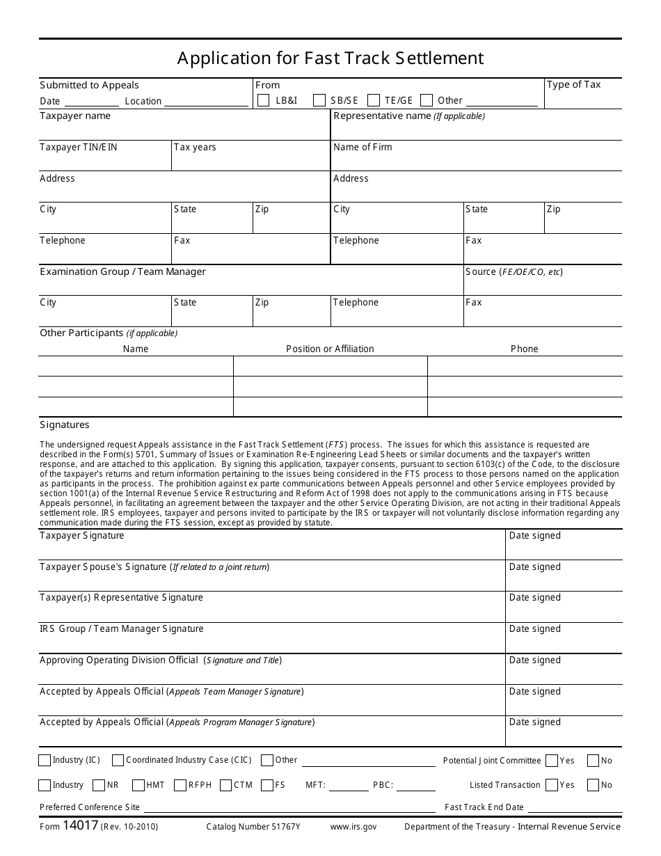 IRS Form 14017 Application for Fast Track Settlement, Page 1