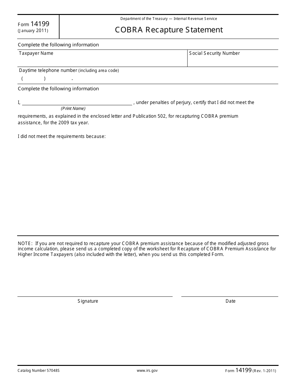 IRS Form 14199 Cobra Recapture Statement, Page 1
