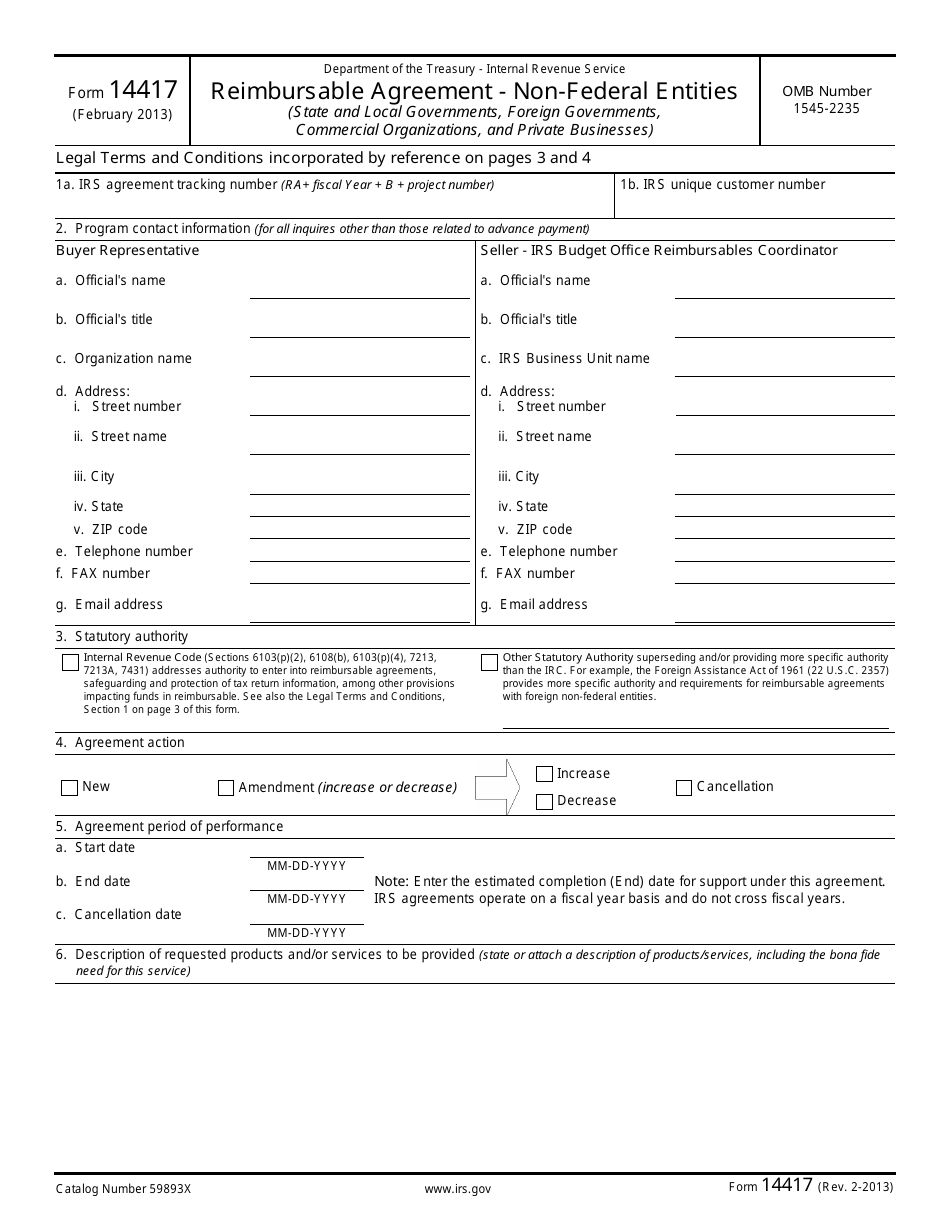 IRS Form 14417 Reimbursable Agreement - Non-federal Entities (State and Local Governments, Foreign Governments, Commercial Organizations, and Private Businesses), Page 1