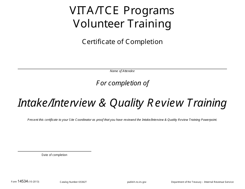 IRS Form 14534 Intake/Interview and Quality Review Certificate