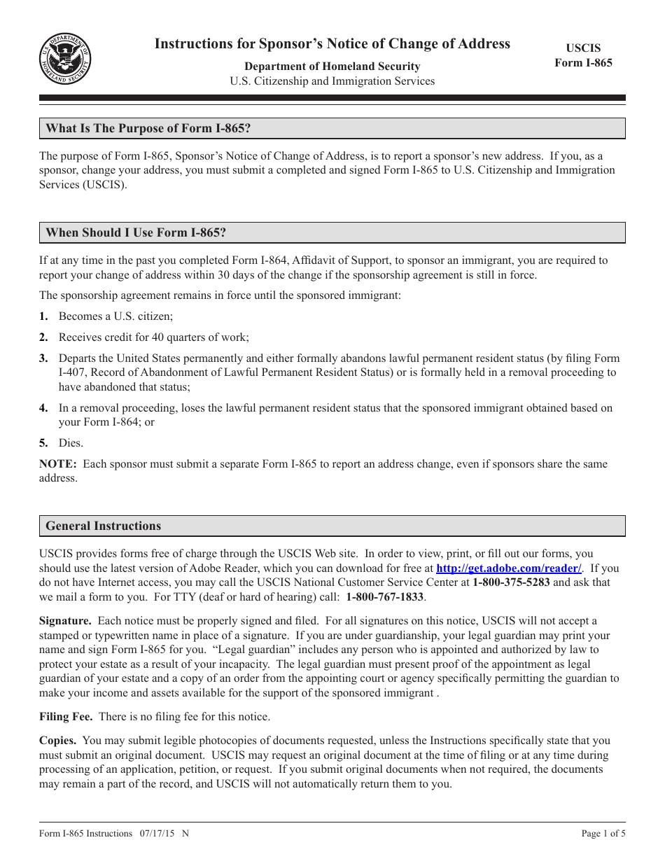 Instructions for USCIS Form I-865 Sponsors Notice of Change of Address, Page 1