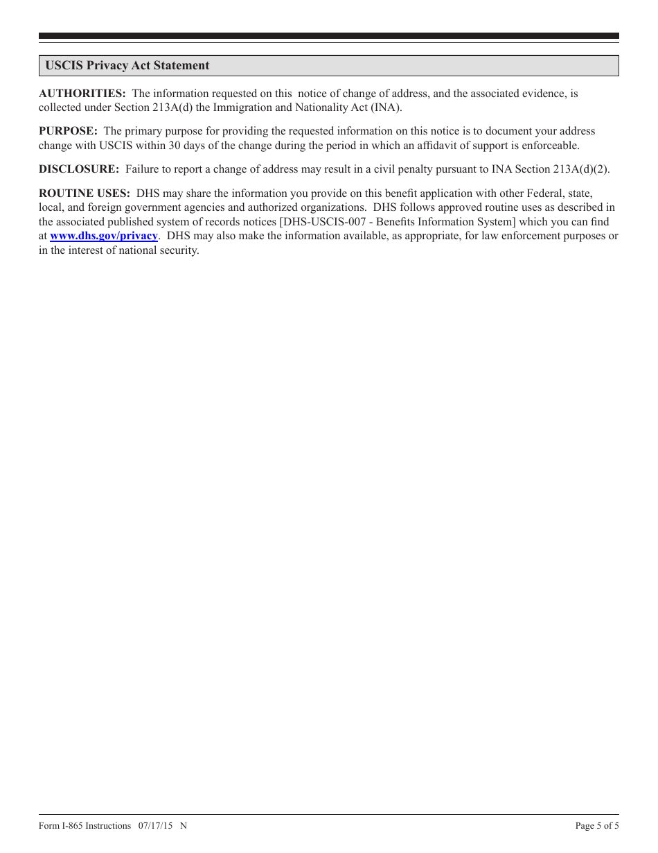 Instructions for USCIS Form I-865 Sponsors Notice of Change of Address, Page 5