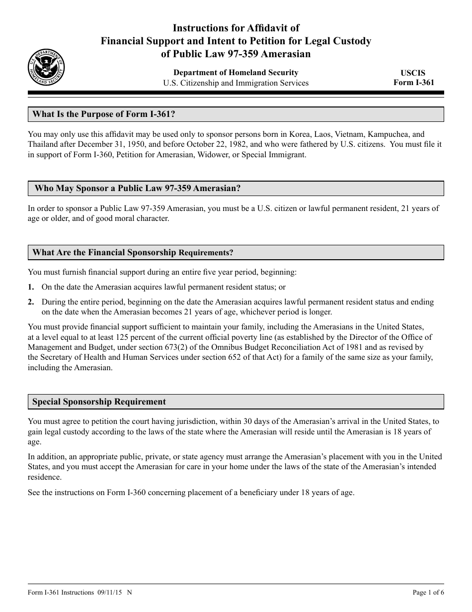 Instructions for USCIS Form I-361 Affidavit of Financial Support and Intent to Petition for Legal Custody for Public Law 97-359 Amerasian, Page 1