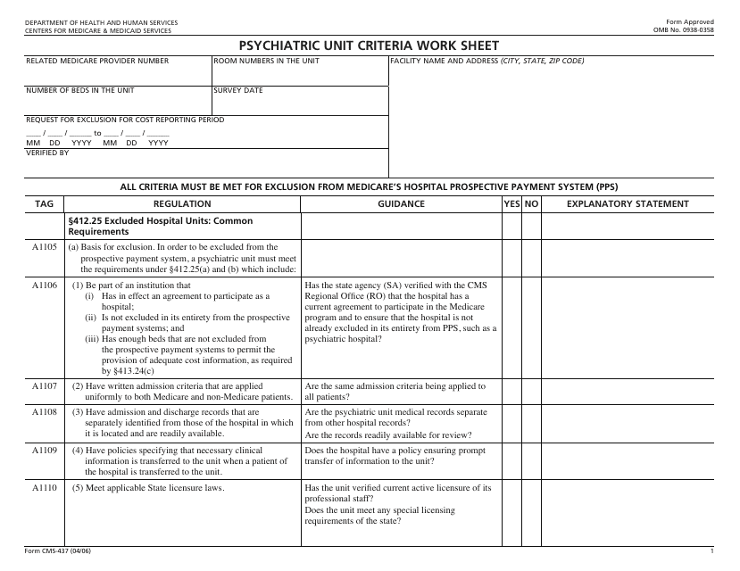 Form CMS-437 Psychiatric Unit Criteria Worksheet