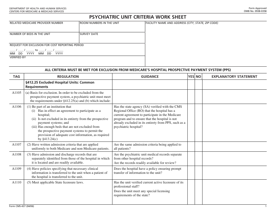 Form CMS-437 Psychiatric Unit Criteria Worksheet, Page 1