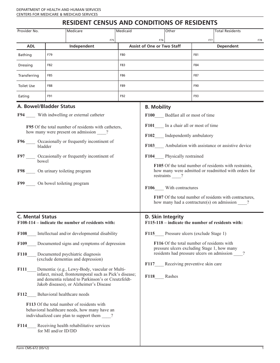 Form CMS-672 Resident Census and Conditions of Residents, Page 1
