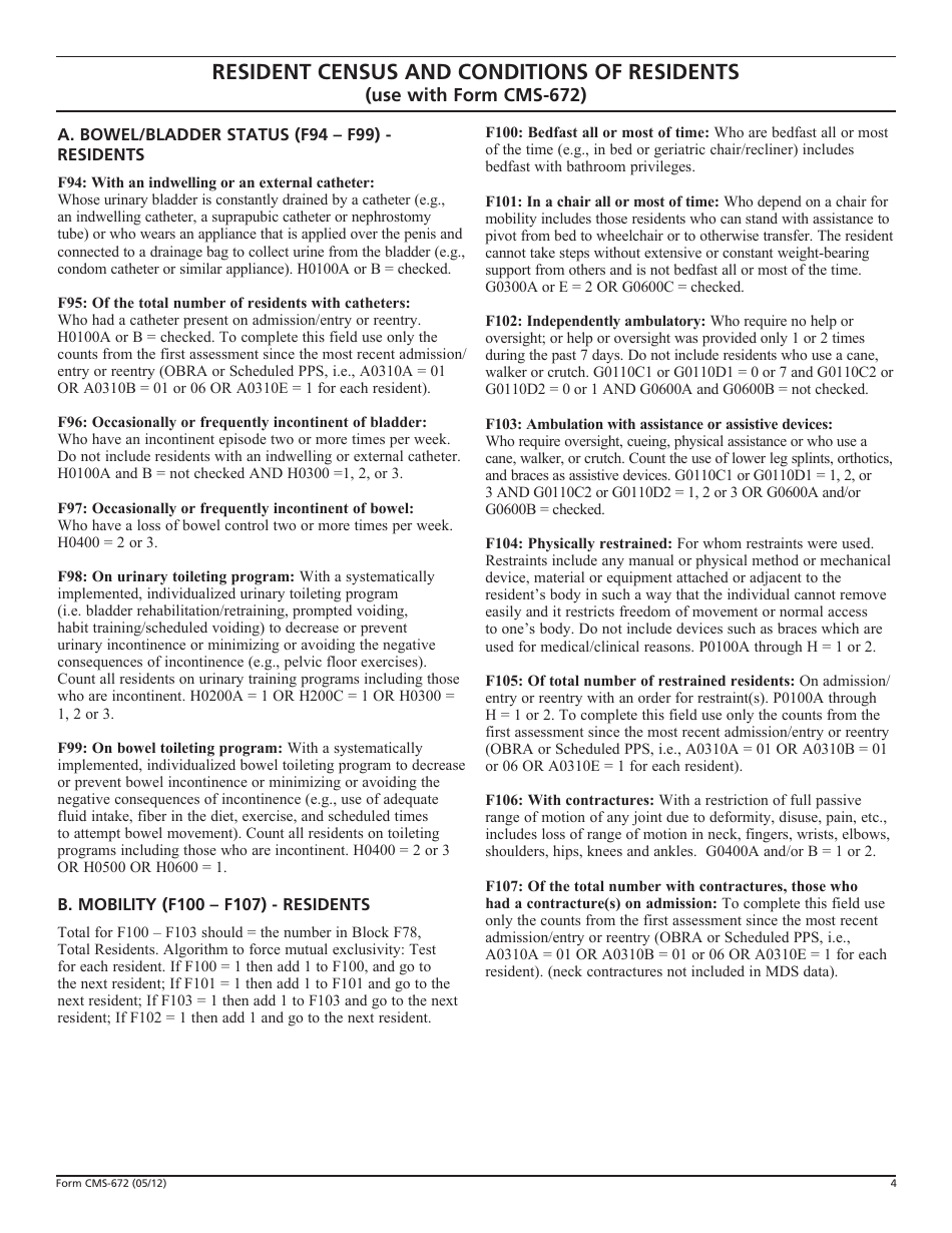 Form CMS-672 Resident Census and Conditions of Residents, Page 4