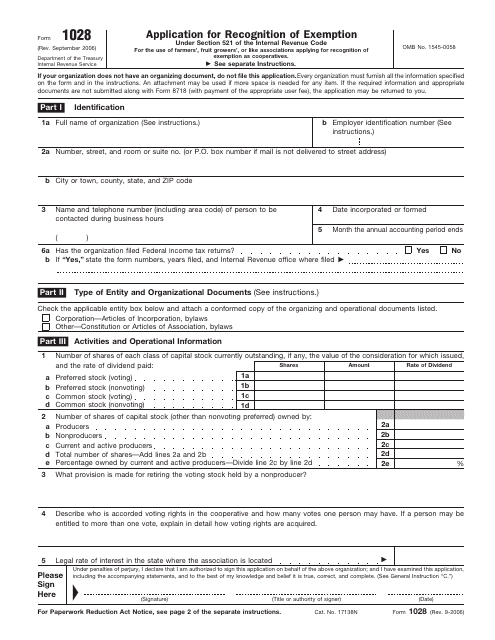IRS Form 1028 Application for Recognition of Exemption Under Section 521 of the Internal Revenue Code
