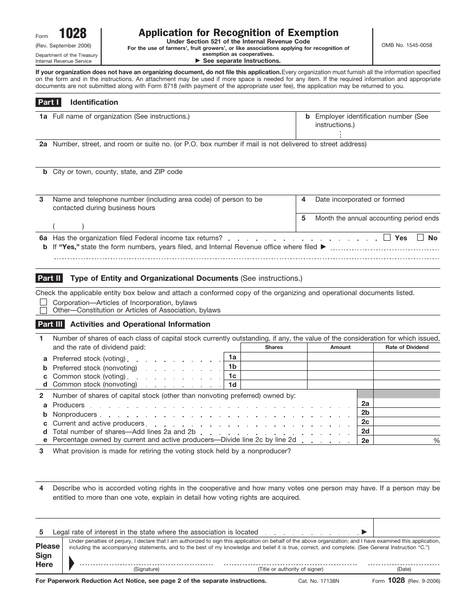 IRS Form 1028 Application for Recognition of Exemption Under Section 521 of the Internal Revenue Code, Page 1