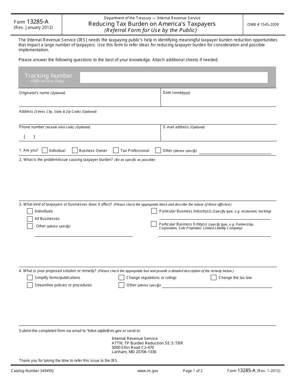 IRS Form 13285-A Reducing Tax Burden on Americas Taxpayers, Page 1