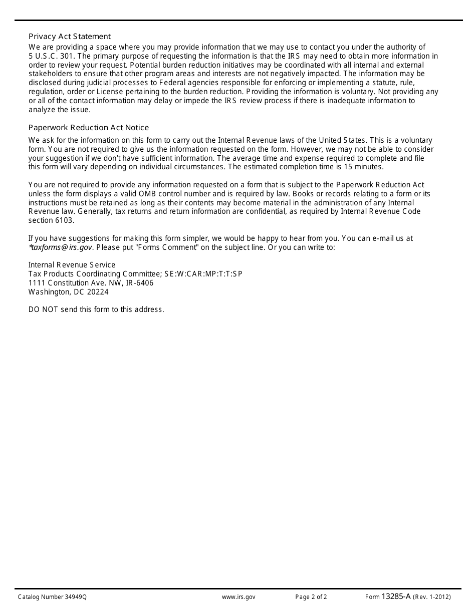 IRS Form 13285-A Reducing Tax Burden on Americas Taxpayers, Page 2