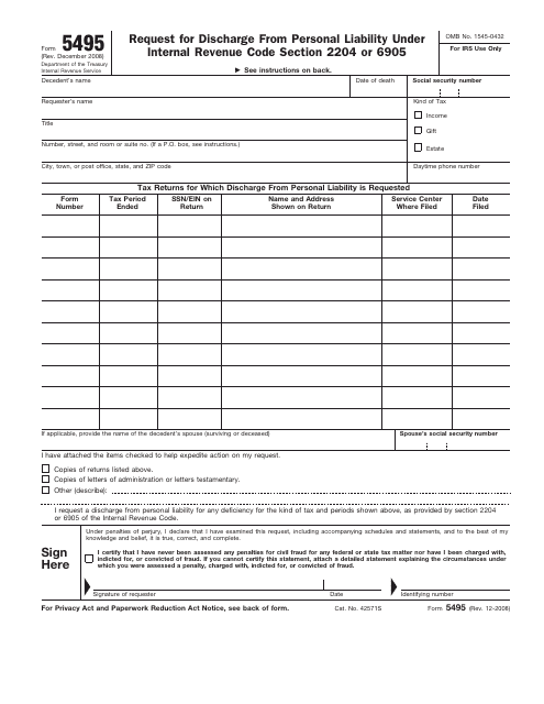 IRS Form 5495 Request for Discharge From Personal Liability Under I.r. Code SEC. 2204 or 6905