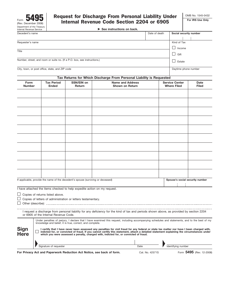 IRS Form 5495 Request for Discharge From Personal Liability Under I.r. Code SEC. 2204 or 6905, Page 1