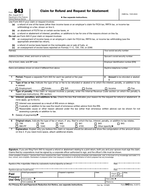 IRS Form 843  Printable Pdf