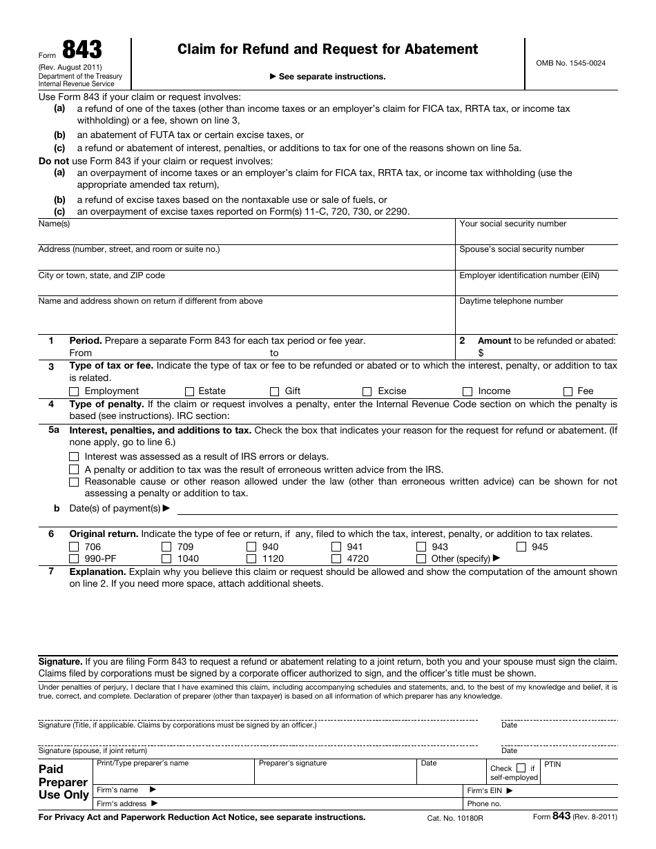 IRS Form 843 Claim for Refund and Request for Abatement, Page 1