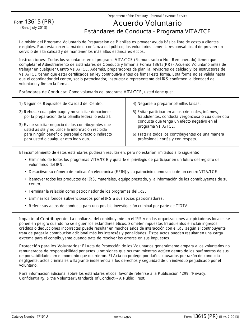 IRS Formulario 13615 (PR) Acuerdo Voluntario Estandares De Conducta - Programa Vita/Tce (Puerto Rican Spanish), Page 1