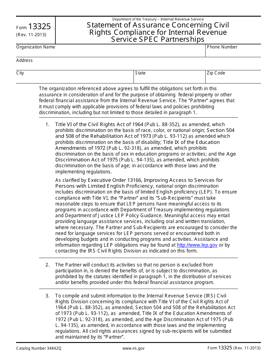 IRS Form 13325 Statement of Assurance Concerning Civil Rights Compliance for IRS Spec Partnerships, Page 1